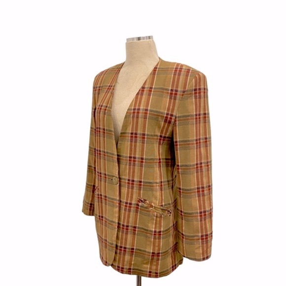 Plaid Linen Blazer By Prolog Vintage - Picture 5 of 8